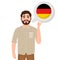 Happy bearded man says or thinks about the country Germany, European country icon, traveler or tourist