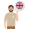 Happy bearded man says or thinks about the country of Great Britain, European country icon, traveler or tourist