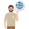 Happy bearded man says or thinks about the country of Greece, European country icon, traveler or tourist
