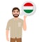 Happy bearded man says or thinks about the country of Hungary, European country icon, traveler or tourist
