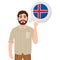 Happy bearded man says or thinks about the country Iceland, European country icon, traveler or tourist