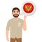 Happy bearded man says or thinks about the country Montenegro, European country icon, traveler or tourist