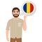 Happy bearded man says or thinks about the country of Romania, European country icon, traveler or tourist