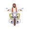 Happy bearded man sitting on naked bike in retro style. Front view of biker traveling on motorcycle. Colored flat vector