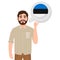 Happy bearded man talking or thinking about country Estonia, European country icon, traveler or tourist