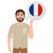 Happy bearded man talking or thinking about country France, European country icon, traveler or tourist