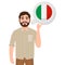 Happy bearded man talking or thinking about country Italy, European country icon, traveler or tourist