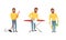 Happy Bearded Man in Yellow Sweater Sweeping the Floor with Broom and Ironing Vector Set