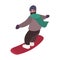 Happy bearded snowboarder dressed in outerwear riding snowboard along slope. Seasonal sports activity. Cute male cartoon