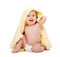 Happy beautiful baby in yellow towel isolated