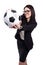 Happy beautiful business woman with soccer ball isolated on whit