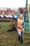 Happy beautiful child girl running with toy airplane looking with inspiration happy childhood lifestyle