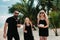 Happy beautiful family on a tropical beach celebrates the birth of their daughter.Family celebrates birthday on the island of