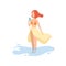 Happy Beautiful Girl in Bikini and Pareo Standing on Beach and Drinking Cocktail Vacation Vector Illustration