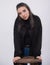 Happy beautiful girl model in black dress posing in studio isolated on white background,Teen girl in in blue jeans and black boots