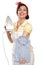 Happy beautiful woman housewife ironing a shirt