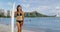 Happy Beautiful Woman Standing With Surfboard At Waikiki Beach