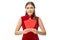 Happy beautiful young Chinese woman in red chinese dress holding red money envelopes against white background