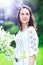 Happy beauty woman with decorated blouse