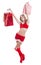 Happy beautyful woman in red santa claus clothes with shopping bags