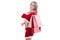 Happy beautyful woman in red santa claus clothes with shopping bags