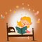 Happy bedtime girl reading book with fairy flying out vector graphic