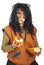 Happy beggar woman eating bread