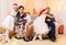 Happy big family portrait, celebrating new year or Christmas - parents and children in home interior decorated with holiday lights