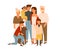 Happy big family together flat illustration. Wife and husband with senior grandparents, kids. Grandparents with