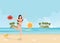 Happy bikini woman jumping of joy and success on beach on tropic