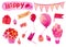 Happy birthaday watercolor hand drawn set in pink color isolated on the white background