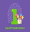 Happy Birthday 1 Years Banner Template, Birthday Anniversary Number Bright Festive Vector Illustration with Cute Animal