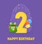 Happy Birthday 2 Years Banner Template, Birthday Anniversary Number Bright Festive Vector Illustration with Cute Animal