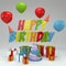 Happy Birthday 3D Illustration, Render Of 3D Letters, Balloons, Gifts And Cake