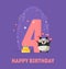 Happy Birthday 4 Years Banner Template, Birthday Anniversary Number Bright Festive Vector Illustration with Cute Animal