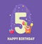 Happy Birthday 5 Years Banner Template, Birthday Anniversary Number Bright Festive Vector Illustration with Cute Animal