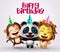 Happy birthday animal party characters vector design. Happy birthday text with animals friends character like monkey, panda.