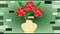 Happy birthday animated video banner, three red fantasy roses in beige vase on green gradient background, bouquet in