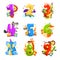 Happy birthday, anniversary numbers with cute animal characters set, funny lion, zebra, whale, snake, fox, giraffe