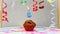 Happy birthday background with muffin with beautiful decorations with number candles 8. Colorful festive card happy birthday with