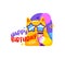 Happy birthday badge, greetings sticker with cat