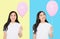 Happy birthday. Balloon party collage. Happy asian girl with balloons isolated on white colorful background. Copy space. Blank