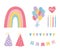 Happy birthday, balloons candles hats rainbow decoration celebration party festive icons set