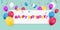 Happy Birthday banner with color balloons and confetti on blue background.