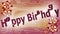 Happy birthday banner with dancing and leaping letters on elegant pink abstract background with dark red flowers, silver