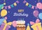 Happy birthday, cake candles gifts balloons hats celebration poster
