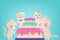Happy Birthday cake, cute kitten family celebration, confetti falling for party, adorable animal, cat cartoon characters