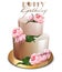 Happy birthday cake Vector realistic. Anniversary, wedding, ceremony modern desserts. Golden cake with peony flowers