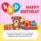 Happy Birthday Card. Bear Doll holding balloon around cake and gift box party illustration