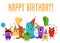 Happy birthday card with colorful cute monster babies with balloons and gifts